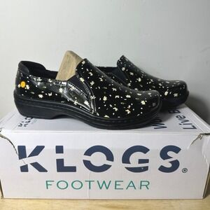 Klogs Footwear Moxy Black Daisy Patent Leather Slip On Work Clogs Womens 7 Nurse